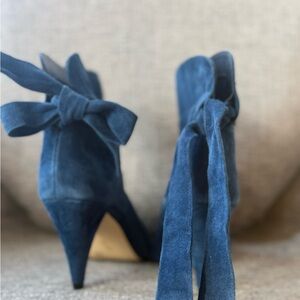 Elegant & a fun Blue Suede Women's Booties with a bow detail in the back